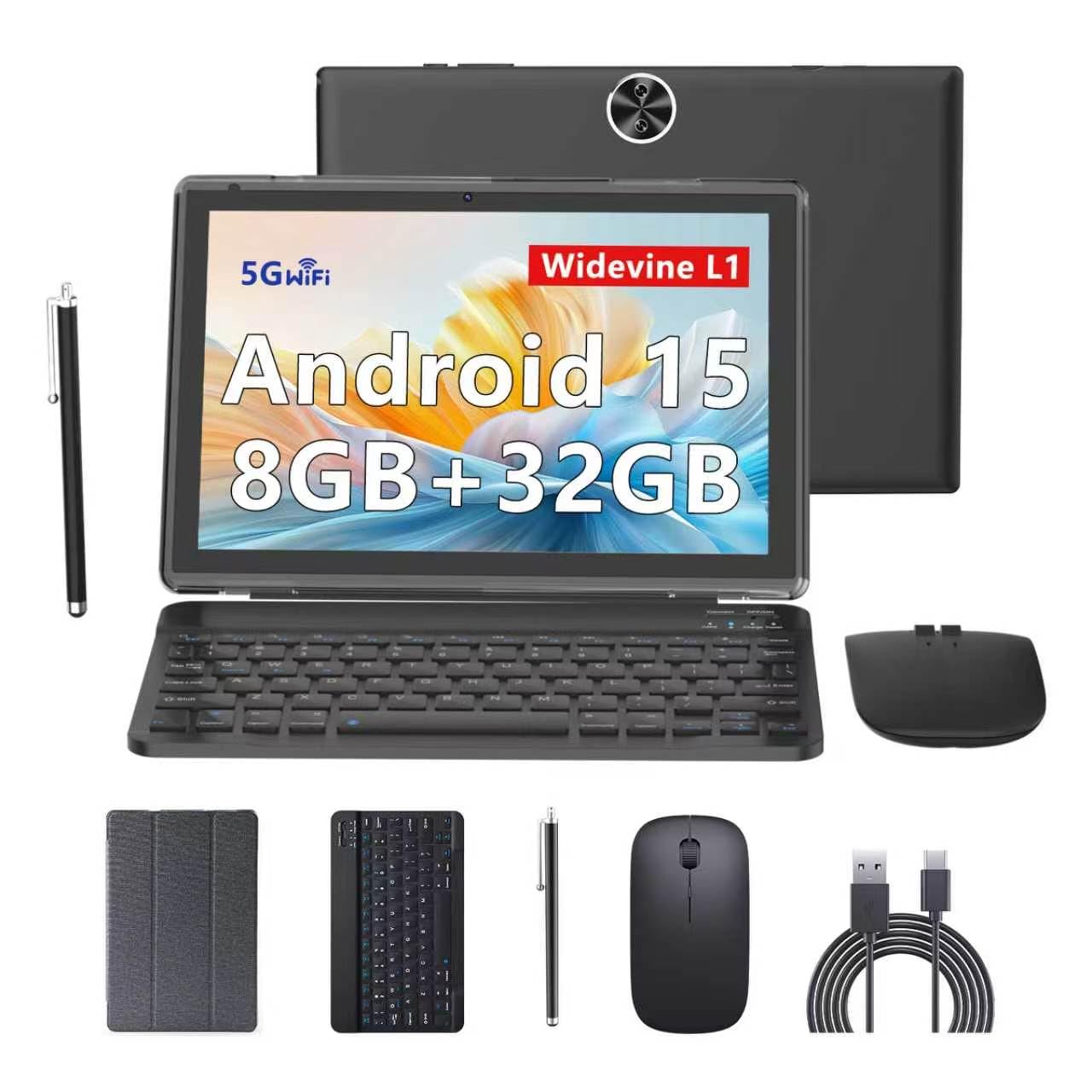 Android 14 10 inch Tablets, 2 in 1 Tablet with Keyboard Case, 8GB+64GB ROM/1TB, Quad Core, HD Touchscreen, Dual Carema, Gaming, Wi-Fi, BT, Google GMS Black
