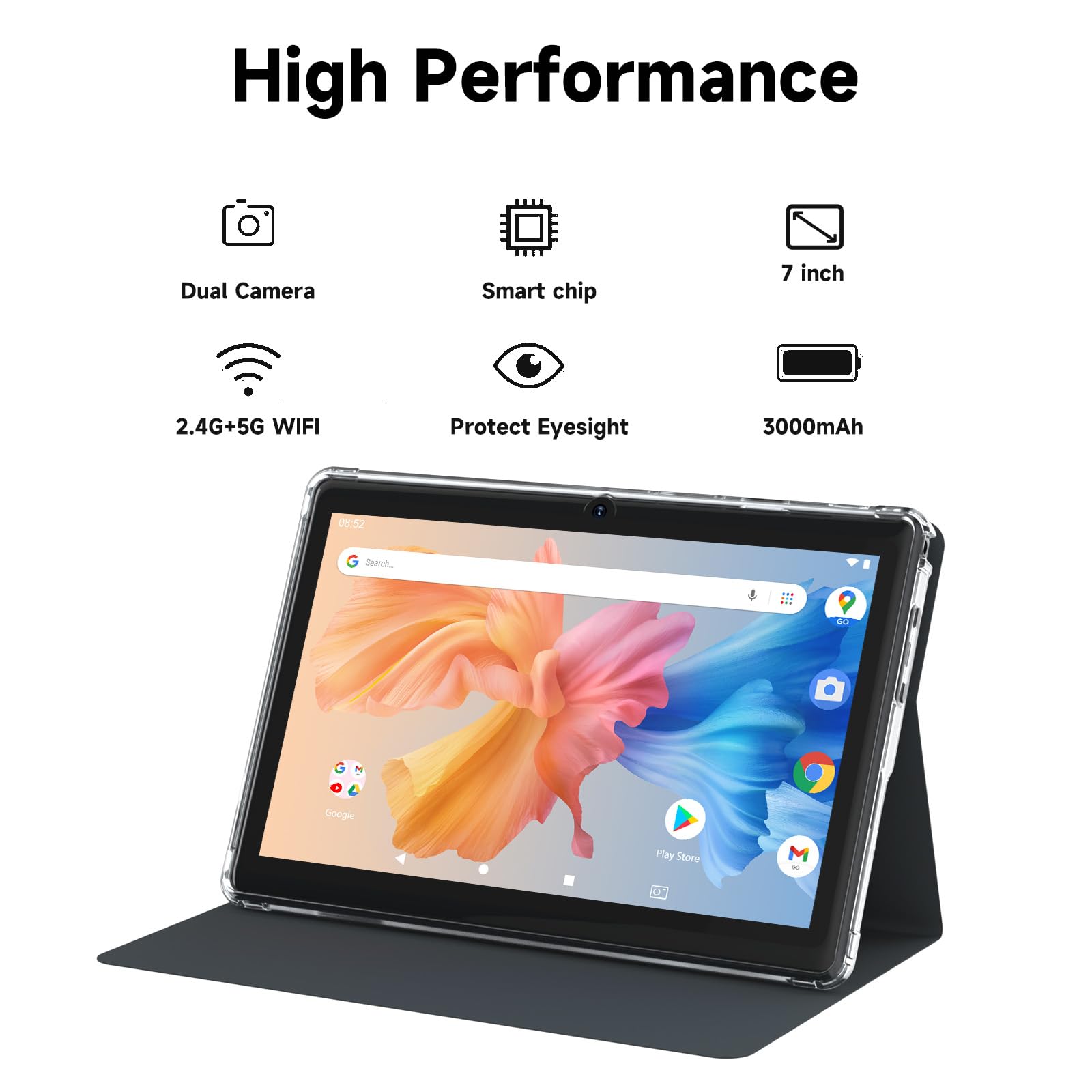 Tablet 7 Inch Android 14.0 with Protective Case, 8GB (4+4GB Expand) RAM+ 32GB ROM, IPS Screen, Dual Camera, Bluetooth 5.0 WiFi Tab (Black)