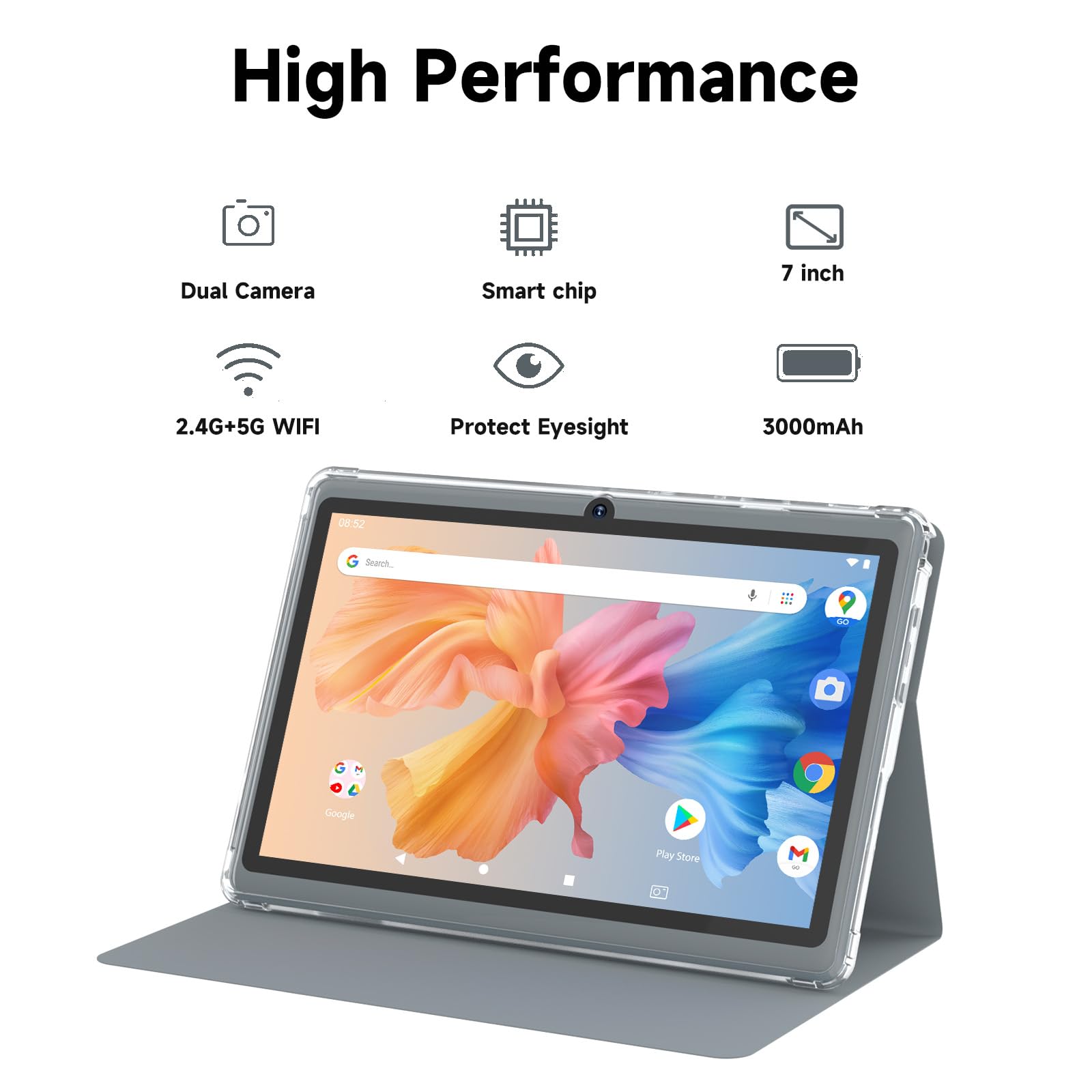 Tablet 7 Inch Android 14.0 with Protective Case, 8GB (4+4GB Expand) RAM+32GB ROM, IPS Screen, Dual Camera, Bluetooth 5.0 WiFi Tab (Gray)