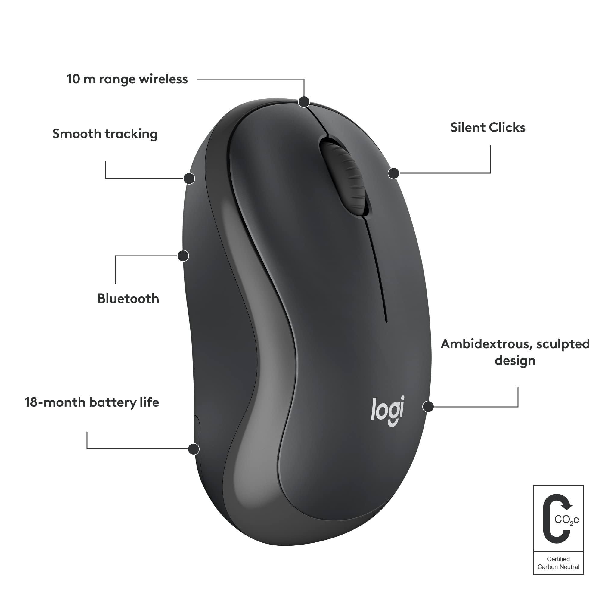 M240 Silent Bluetooth Mouse, Compact, Portable, Smooth Tracking, 18-Month Battery, for Windows, macOS, ChromeOS, Compatible with PC, Mac, Laptop, Tablets - Graphite