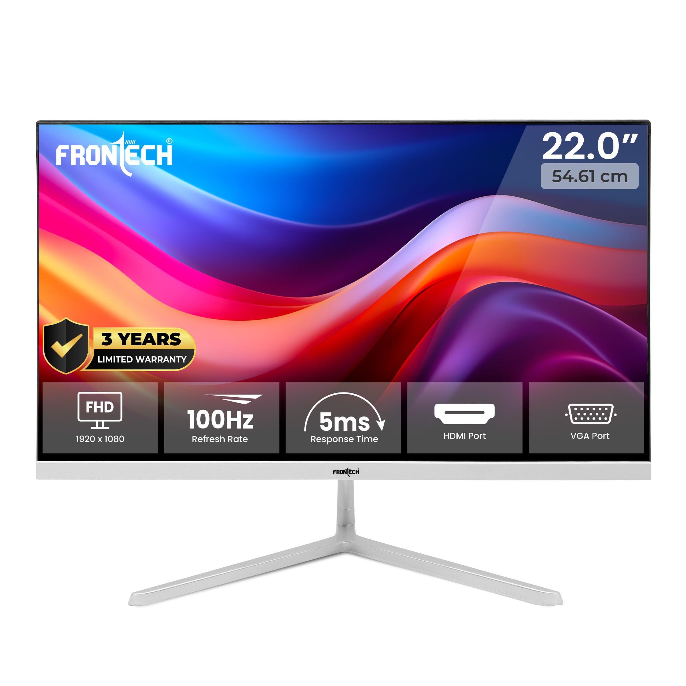 22 Inch (54.48 cm) with 1920x1080 Pixels LED Monitor|Refresh Rate 100 Hz|Slim| Stylish Design & Wall Mountable| 16.7M Colors|HDMI & VGA Ports (White, MON-0091)
