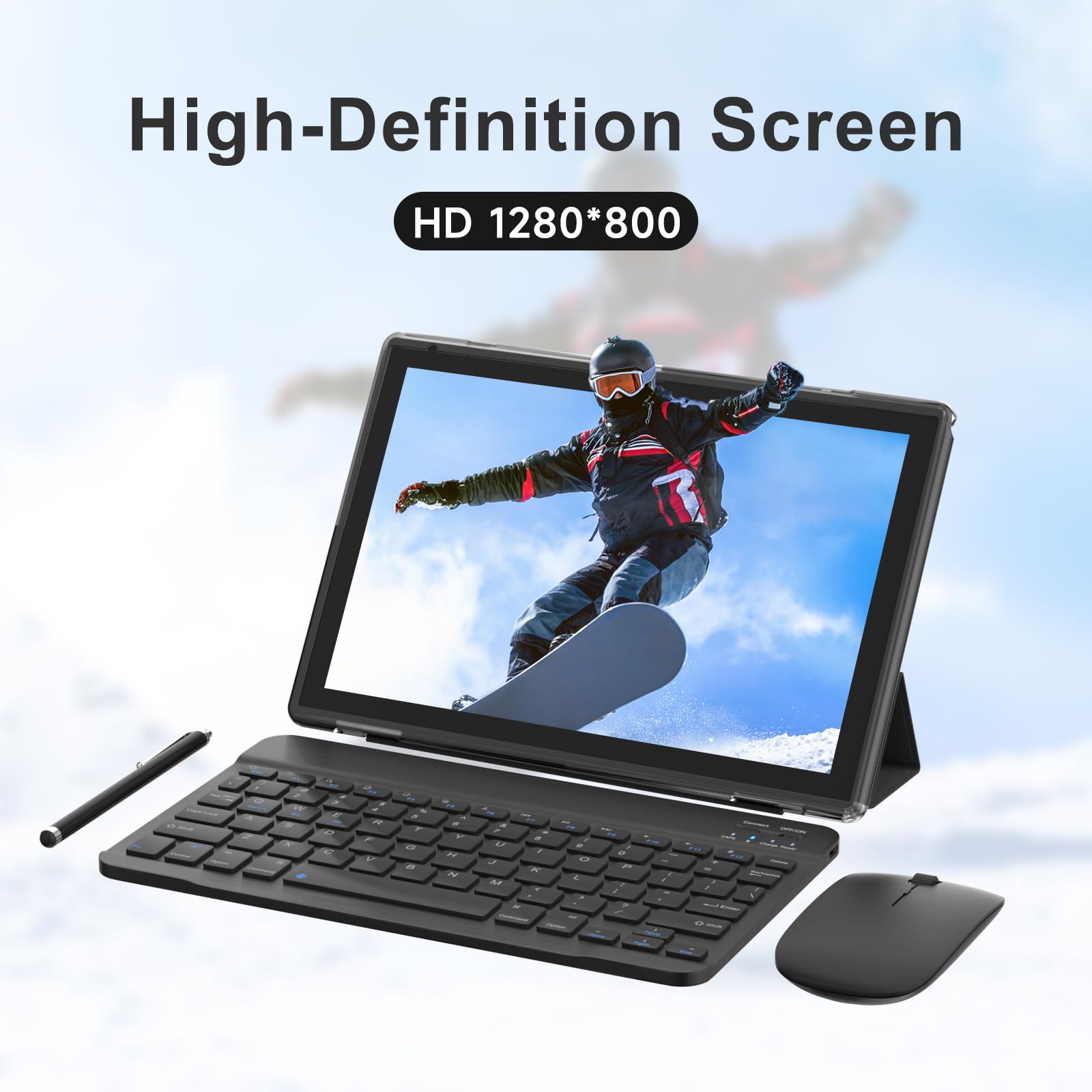 Android 14 10 inch Tablets, 2 in 1 Tablet with Keyboard Case, 8GB+64GB ROM/1TB, Quad Core, HD Touchscreen, Dual Carema, Gaming, Wi-Fi, BT, Google GMS Black