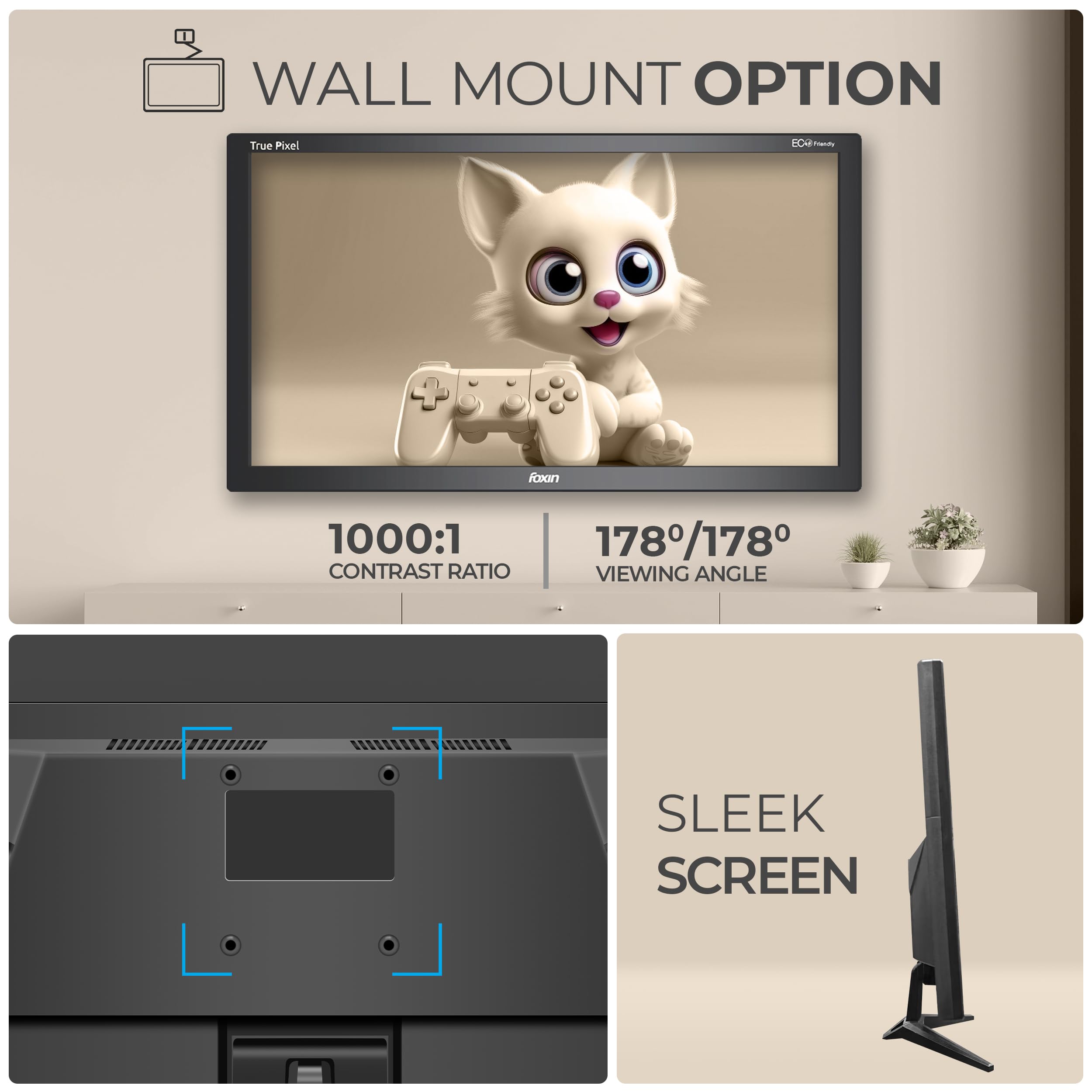 Crystal 19 Inch (46.99 cm) Crystal Flat LED Monitor | True Pixel HD Display, 1366x768p, 16.7M Colors, 5ms, 60Hz | HDMI & VGA Ports | Wall Mountable | Desktop/Office/CCTV Use | 1 Year Warranty