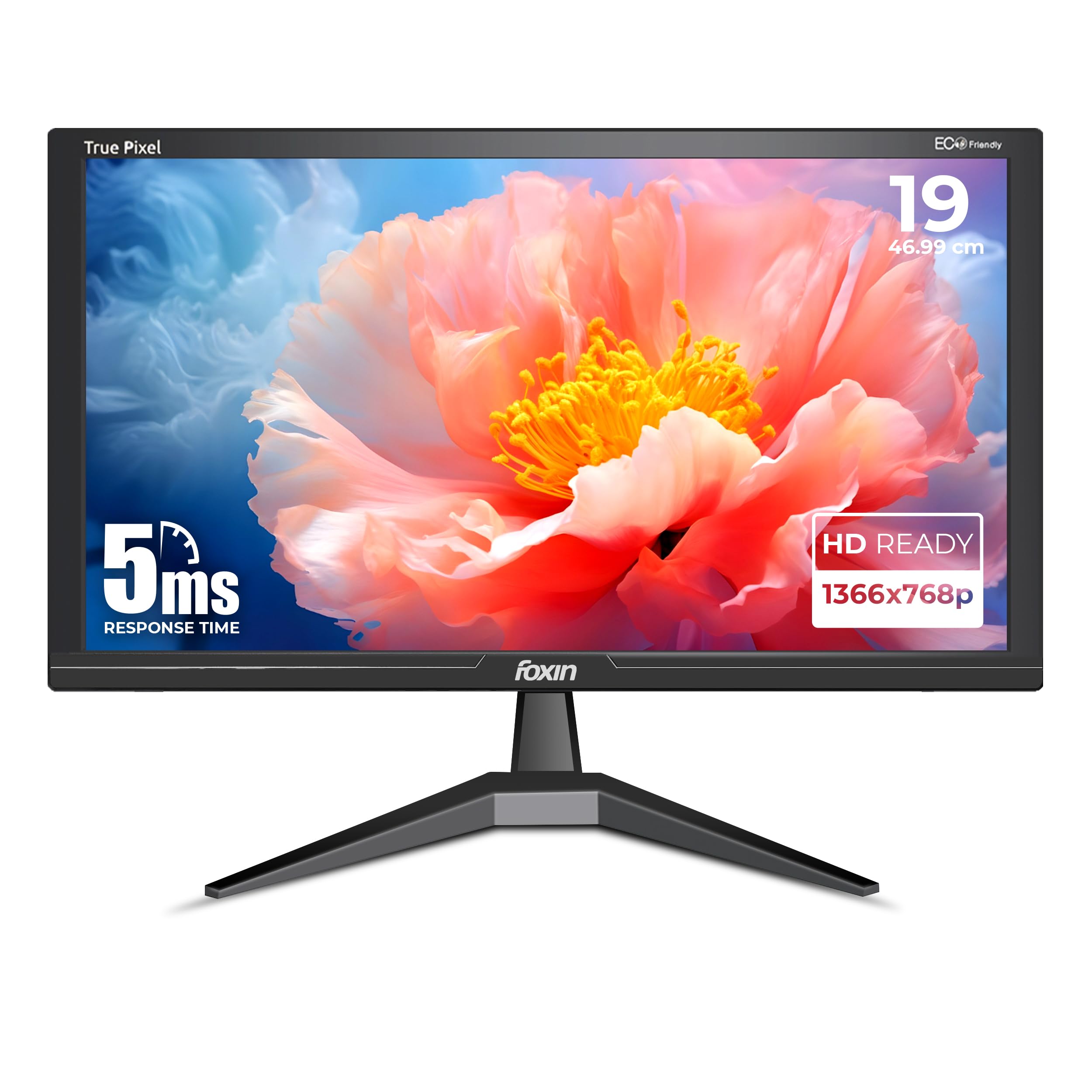 Crystal 19 Inch (46.99 cm) Crystal Flat LED Monitor | True Pixel HD Display, 1366x768p, 16.7M Colors, 5ms, 60Hz | HDMI & VGA Ports | Wall Mountable | Desktop/Office/CCTV Use | 1 Year Warranty
