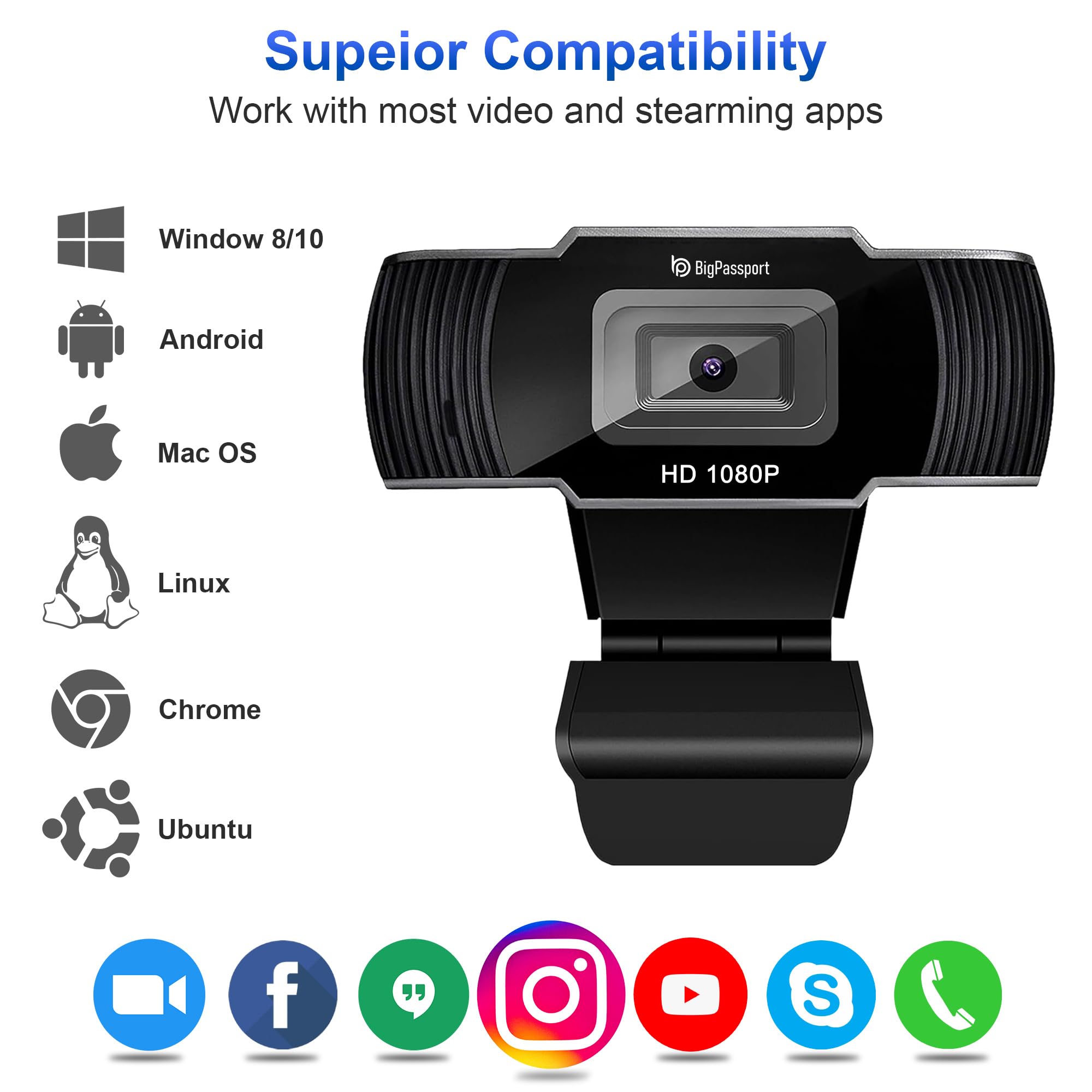 BigPassport 1080P/30FPS Ultra HD Webcam with Mic | 5P Lens USB Camera for Laptop, Desktop, PC | Face Detection, Skype, Zoom, Online Meetings, Classes – Pro-Live N3