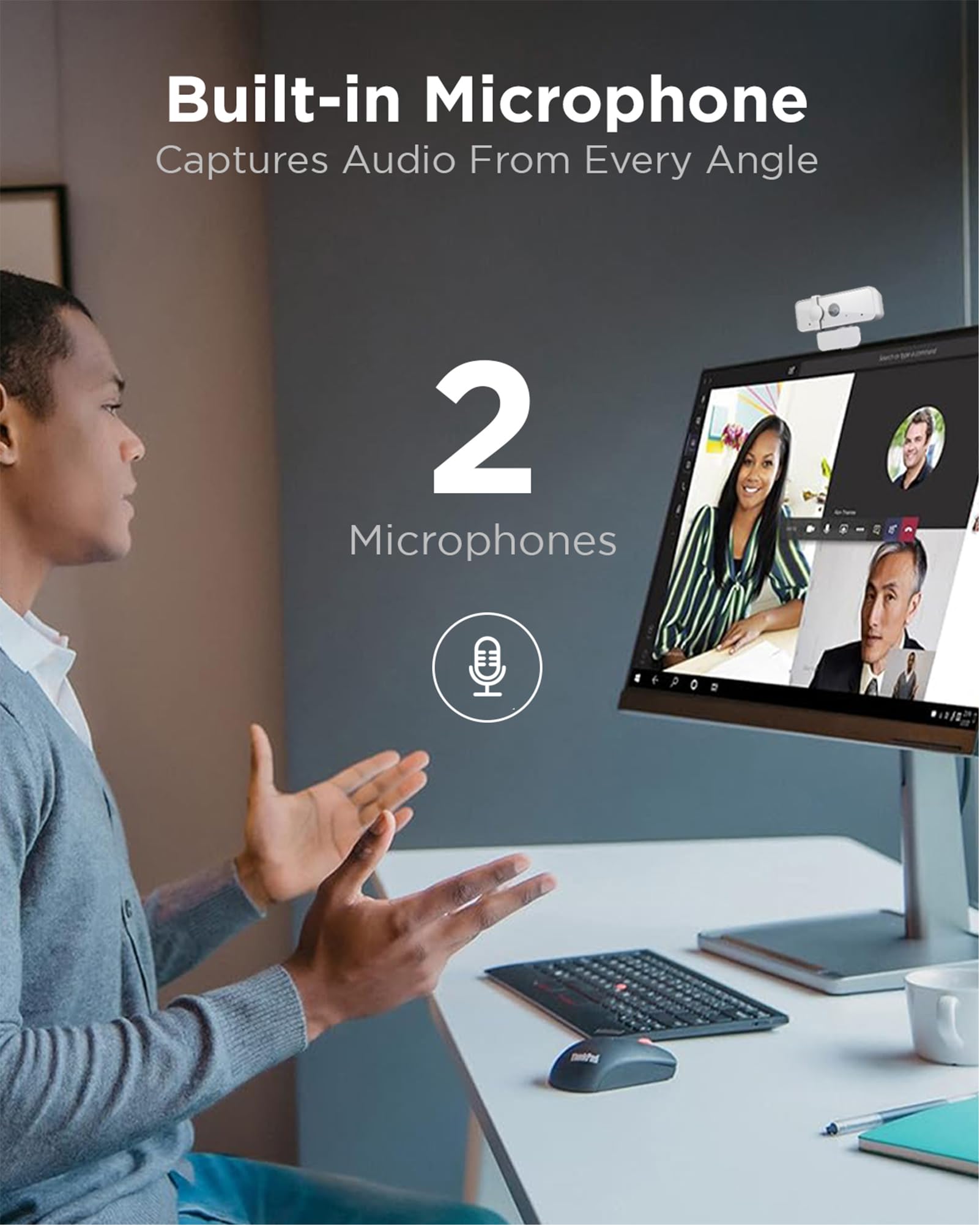 300 FHD Webcam with Full Stereo Dual Built-in Mics | FHD 1080P 2.1 Megapixel CMOS Camera with USB |Ultra-Wide 95° Lens, 4X Digital Zoom | 360 Rotation | Flexible Mount | Cloud Grey
