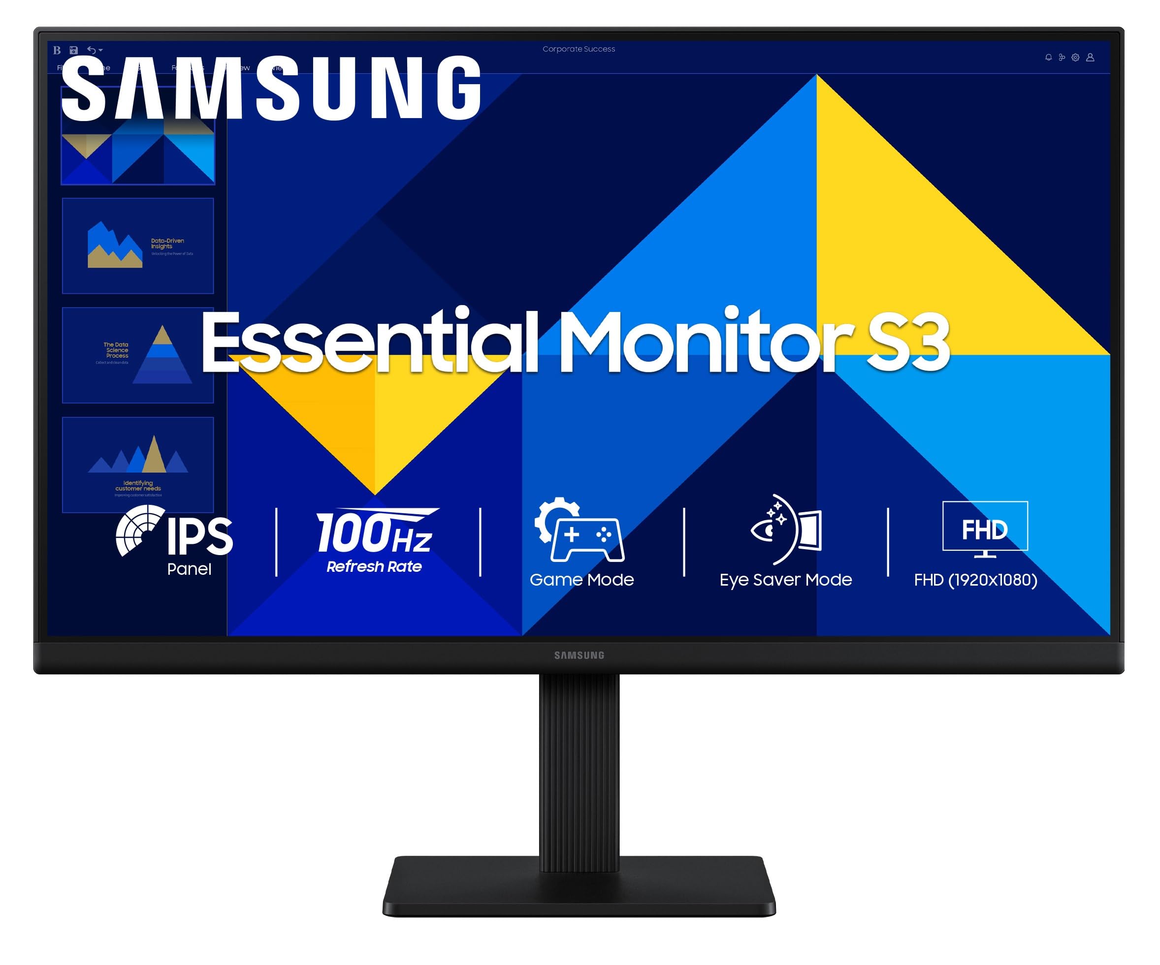 24" (60.5 cm) S3 Flat Monitor|Super Slim Borderless Design|IPS Panel|FHD 1920 x 1080|100 Hz|5 ms|Ports-HDMI,VGA|Game Mode|Eye Saver Mode||Wall Mountable|LS24D300GAWXXL|Black