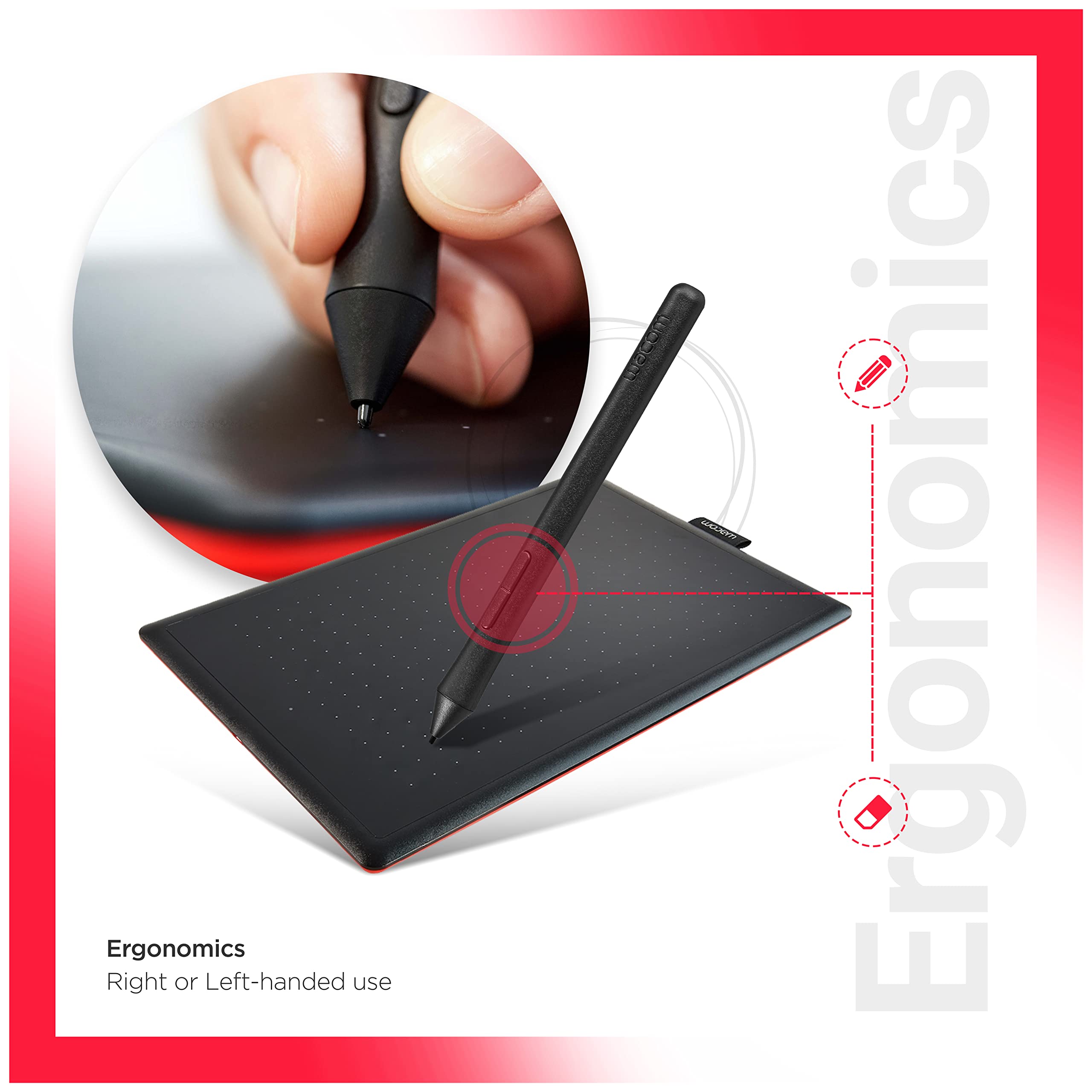 One by CTL-472/K0-CX Digital Drawing Graphics Pen Tablet (Red & Black) Small (6-inch x 3.5-inch)(15x8cm) | Battery Free Cordless Pen with 2048 Pressure Level