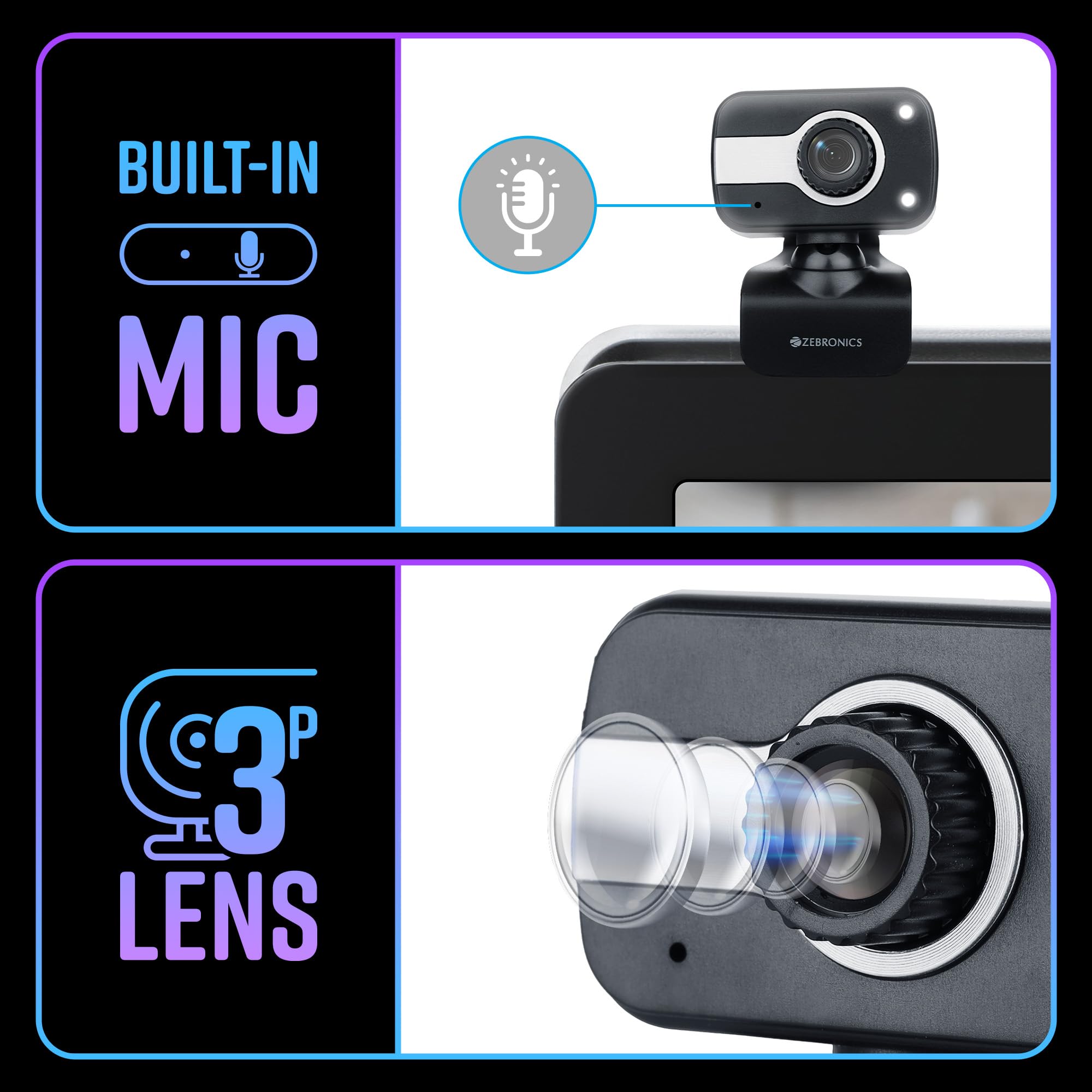 Zeb-Crystal Clear Web Camera, 0.3 MP with USB with 3P Lens,Built-in Microphone,Auto White Balance,Night Vision and Manual Switch for LED (Black)