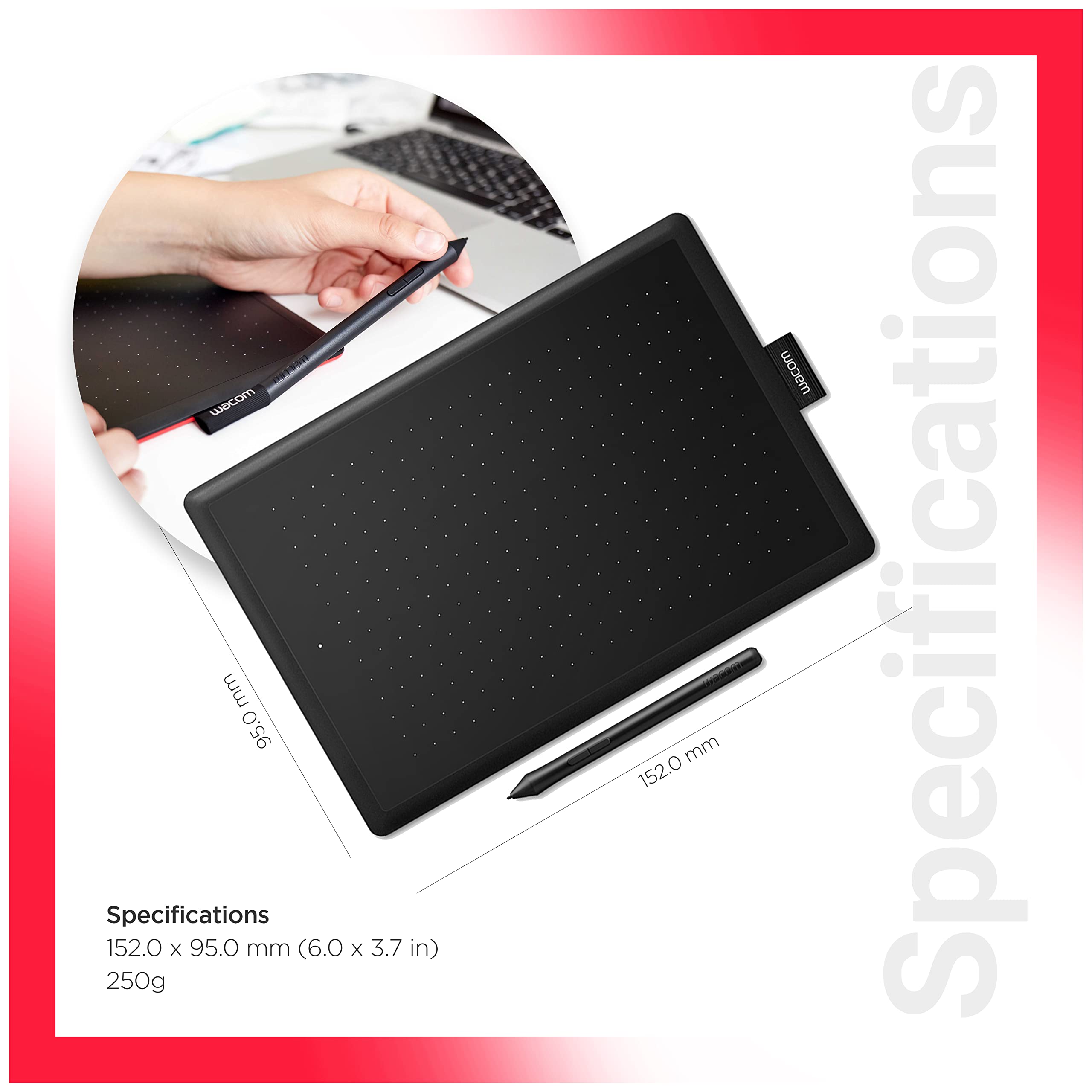 One by CTL-472/K0-CX Digital Drawing Graphics Pen Tablet (Red & Black) Small (6-inch x 3.5-inch)(15x8cm) | Battery Free Cordless Pen with 2048 Pressure Level