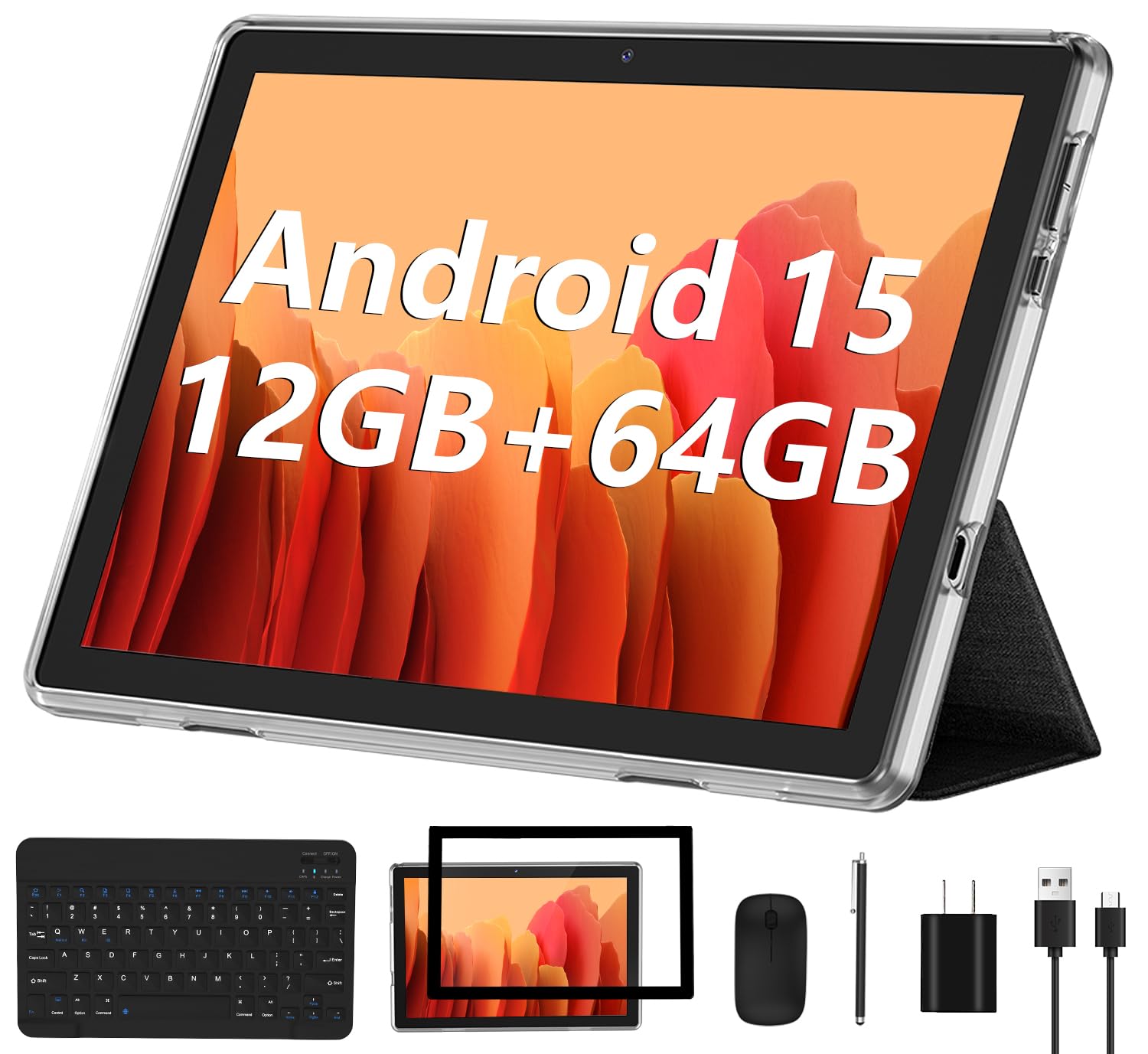 Android 13 Tablet 2023 - 10 Inch With 6GB RAM, 64GB ROM, 1TB Expanded, Quad-Core, 2 in 1 With Keyboard Mouse, Wi-Fi 6, Bluetooth, GMS Certified IPS Touch Screen - Black Set