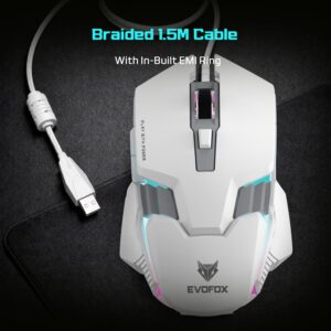 EvoFox Starter Series Spectre USB Wired Gaming Mouse with Upto 3600 DPI Gaming Sensor | 6 Buttons Design | Upto 7 Million Clicks | 7 Colours Rainbow Lighting | 1.5m Braided Cable (White)