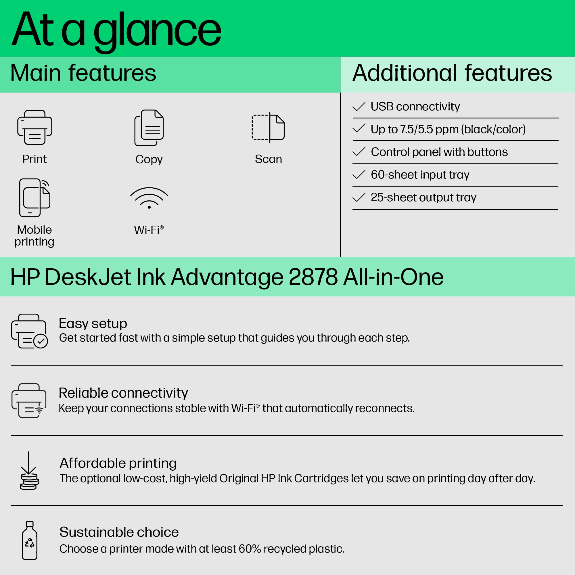 HP Ink Advantage 2878 WiFi Colour Printer - Print/Scan/Copy Ideal for Home