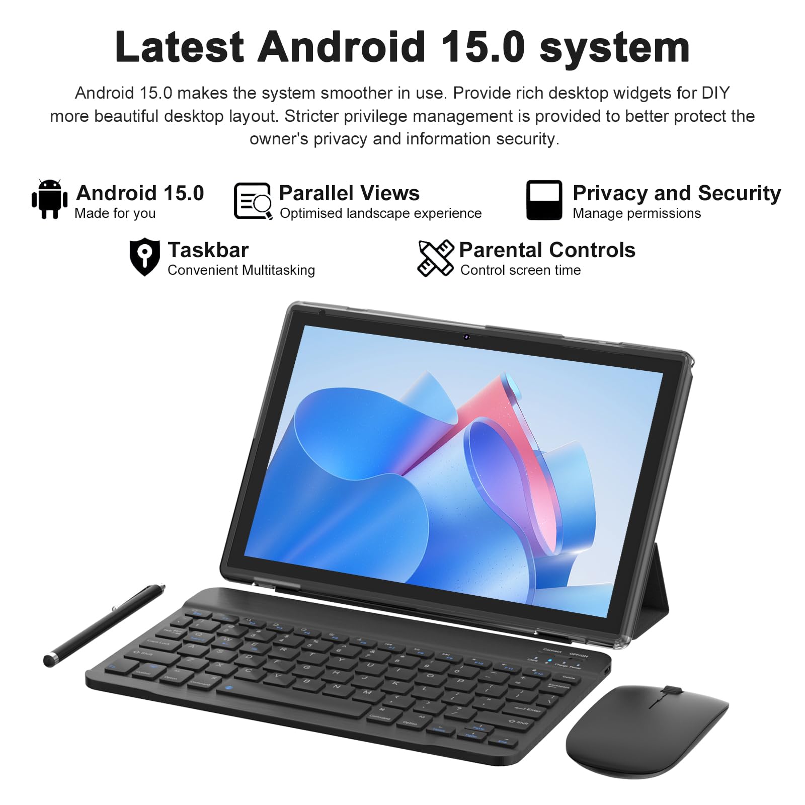 Android 14 10 inch Tablets, 2 in 1 Tablet with Keyboard Case, 8GB+64GB ROM/1TB, Quad Core, HD Touchscreen, Dual Carema, Gaming, Wi-Fi, BT, Google GMS Black