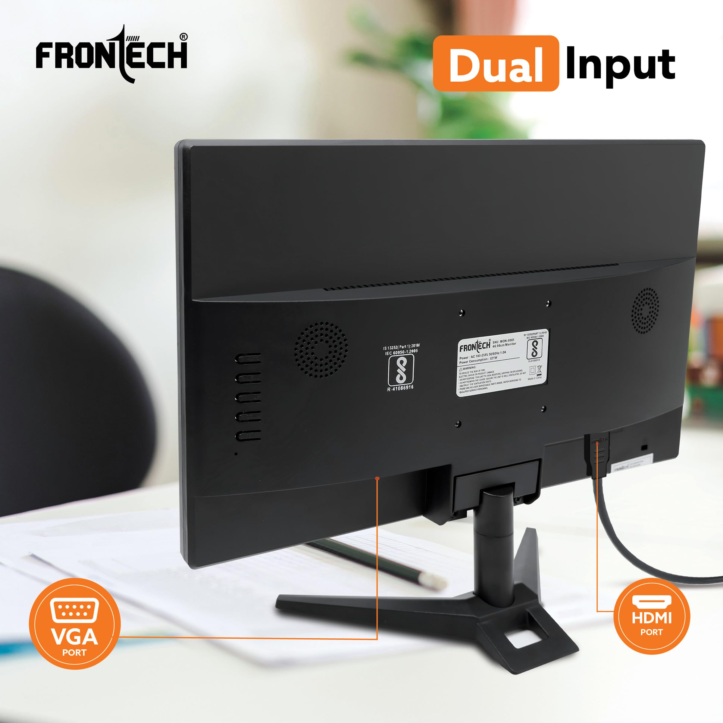 FRONTECH 18.5-inch (46.99cm), LED, HD 1366x768, 60Hz, Black, HDMI & VGA Input, 16.7M Colors, Glossy Panel, Slim Design, Wall Mountable Monitor (MON-0061)