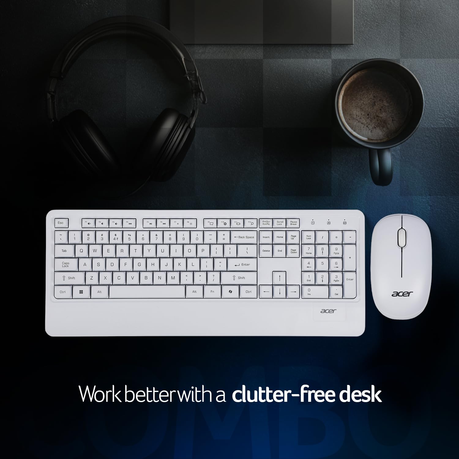 PalmEase Wireless Keyboard & Mouse Combo with Palm Rest | 2.4GHz, 1600 DPI, Co-Pilot Key, Rupee ₹ Symbol | 10m Range, 10M Keystroke Life, Power Saving Mode | Windows & Mac Compatible – White