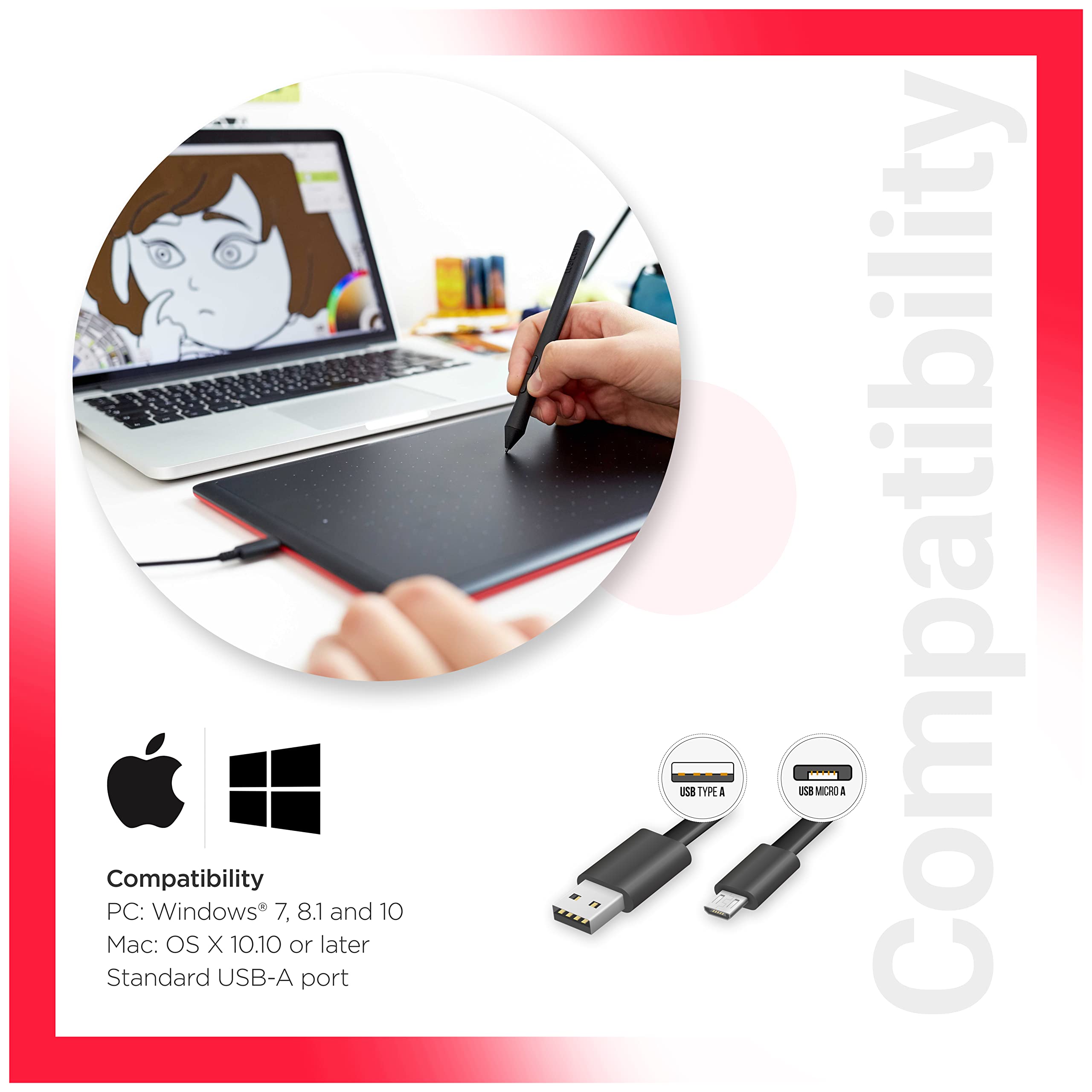 One by CTL-472/K0-CX Digital Drawing Graphics Pen Tablet (Red & Black) Small (6-inch x 3.5-inch)(15x8cm) | Battery Free Cordless Pen with 2048 Pressure Level