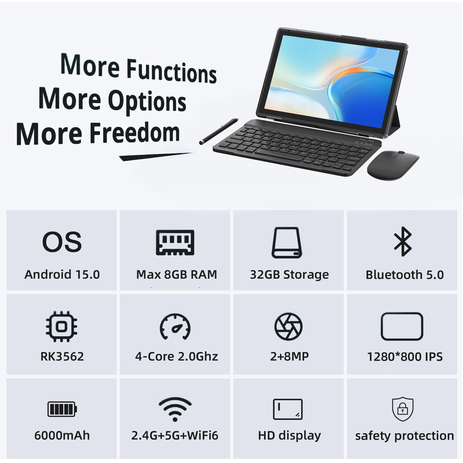 Android 14 10 inch Tablets, 2 in 1 Tablet with Keyboard Case, 8GB+64GB ROM/1TB, Quad Core, HD Touchscreen, Dual Carema, Gaming, Wi-Fi, BT, Google GMS Black