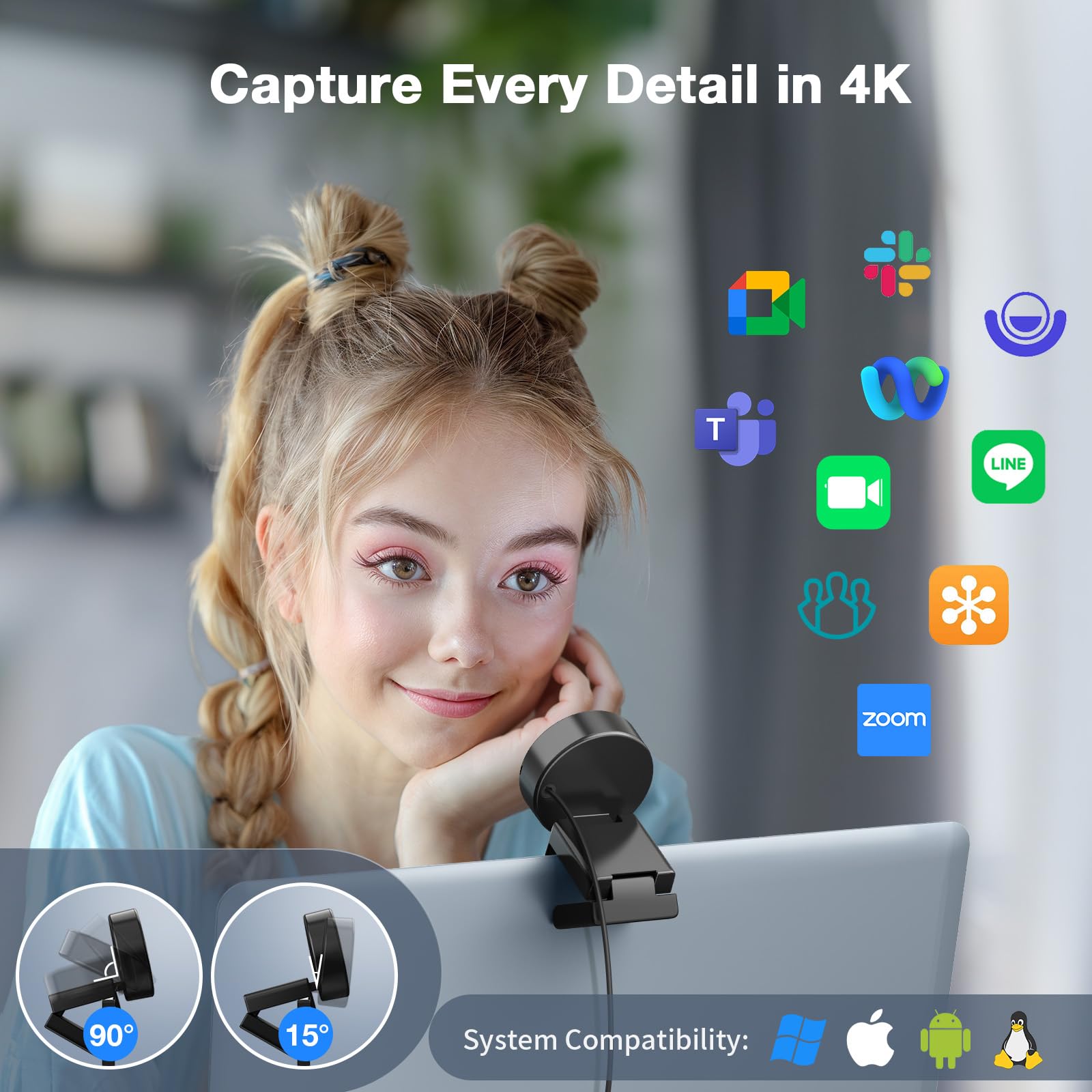 C950 4K Webcam for PC - 8 Megapixels UHD, PDAF Autofocus, Noise-Canceling Mic, 70° FOV, 1080P@60FPS, Privacy Cover, USB 2.0 Plug & Play, Ideal Camera for Zoom/Teams/Skype/Google Meet