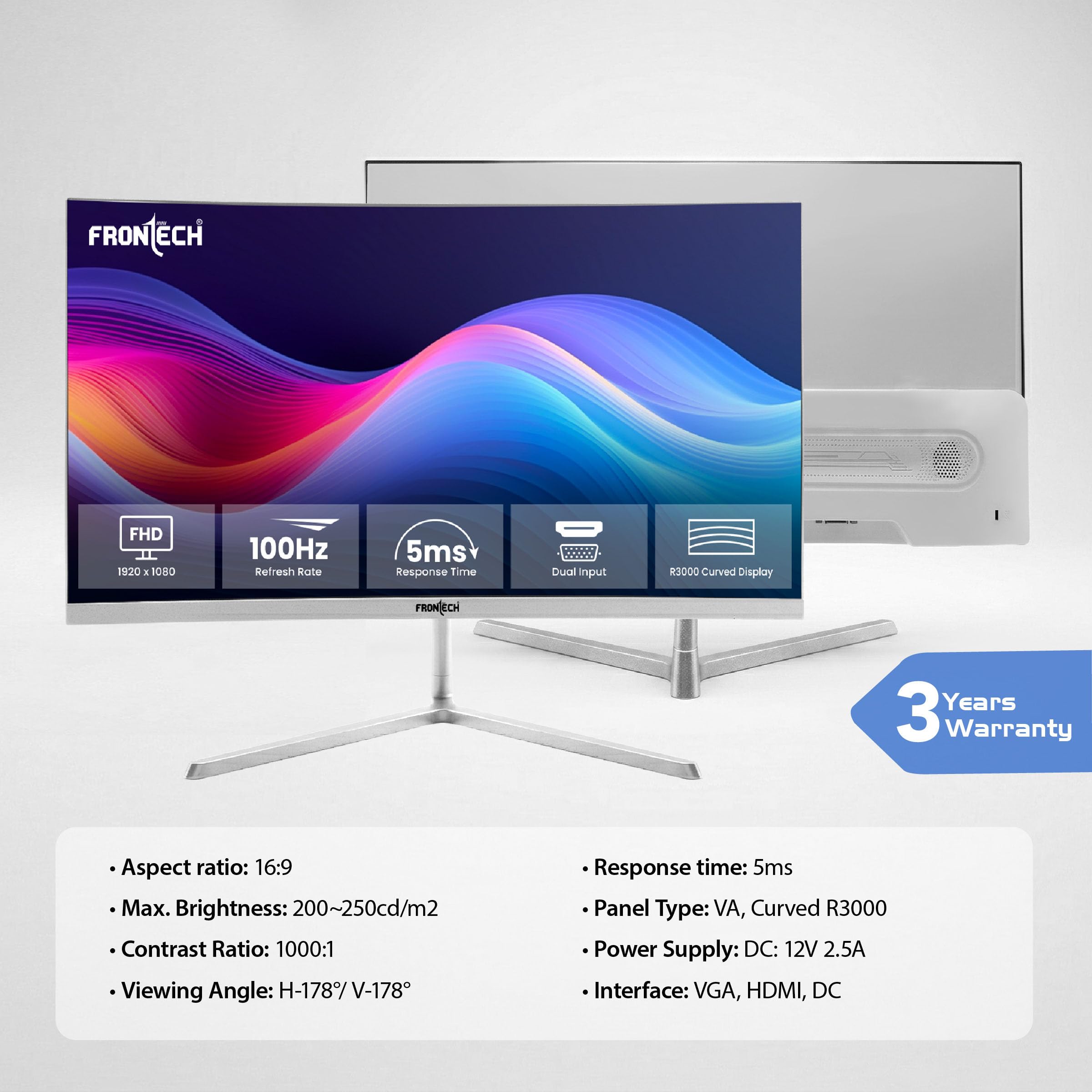 22-inch (55.88cm), LED, FHD 1920x1080,100Hz, White, 3500R Curved, Bezel Less Design, HDMI & VGA Ports Monitor (MON-0079C)