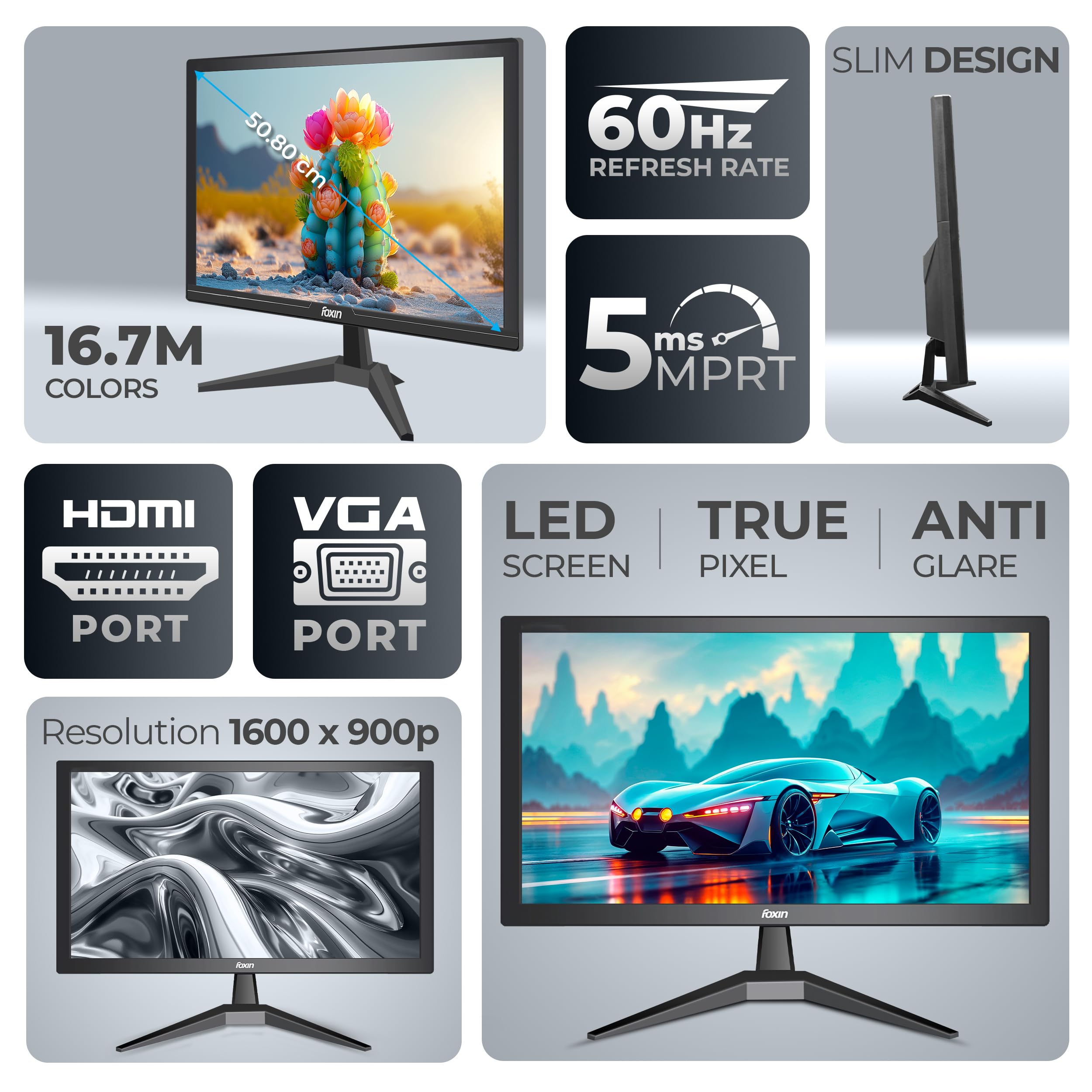 20.5 inch (52.07 cm) Crystal Flat LED Monitor | HD 1600 x 900p True Pixel Display | HDMI & VGA Input | 5ms | 60Hz | Slim & Wall Mountable | 16.7M Colors | Desktop/Office/CCTV Use | Black