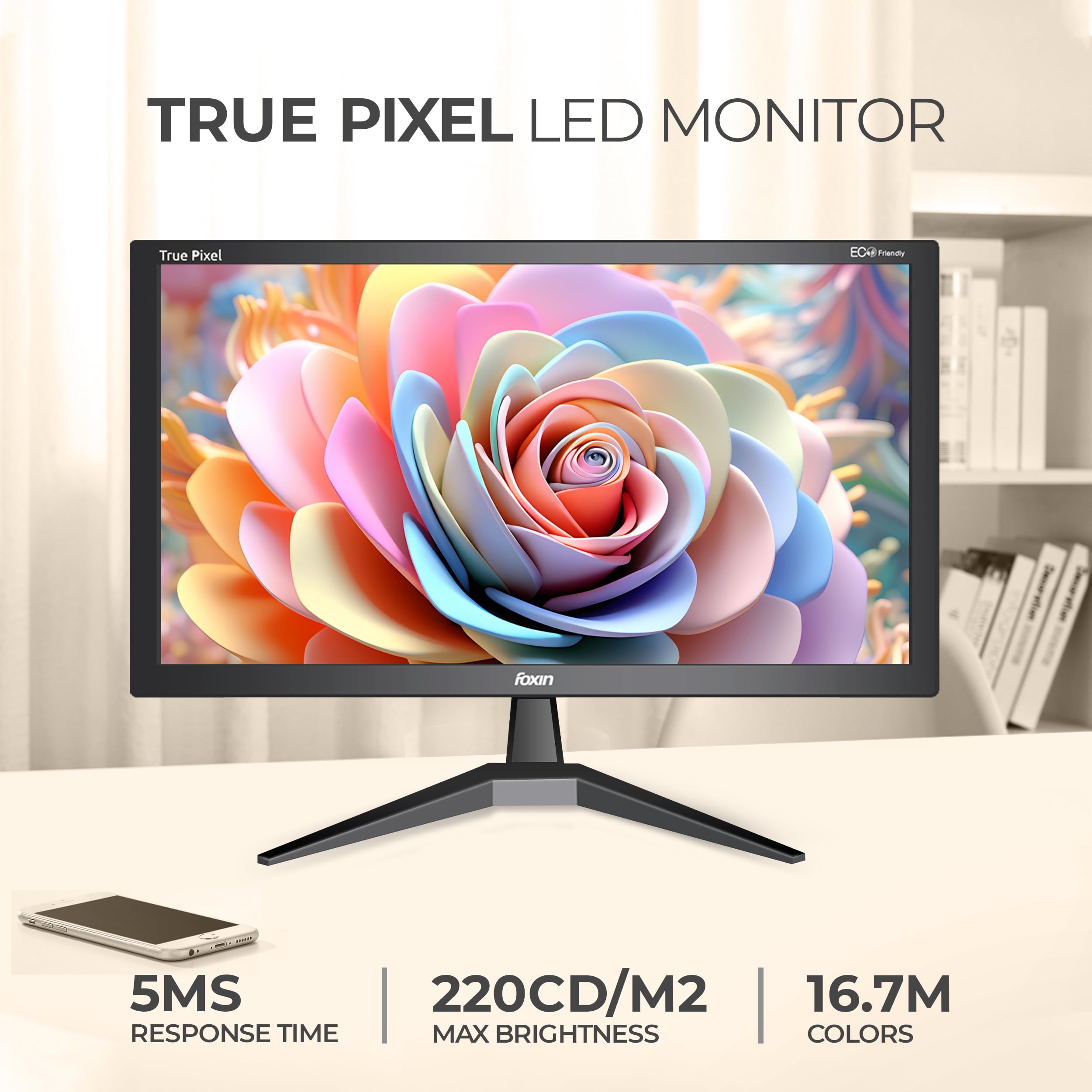 Crystal 19 Inch (46.99 cm) Crystal Flat LED Monitor | True Pixel HD Display, 1366x768p, 16.7M Colors, 5ms, 60Hz | HDMI & VGA Ports | Wall Mountable | Desktop/Office/CCTV Use | 1 Year Warranty