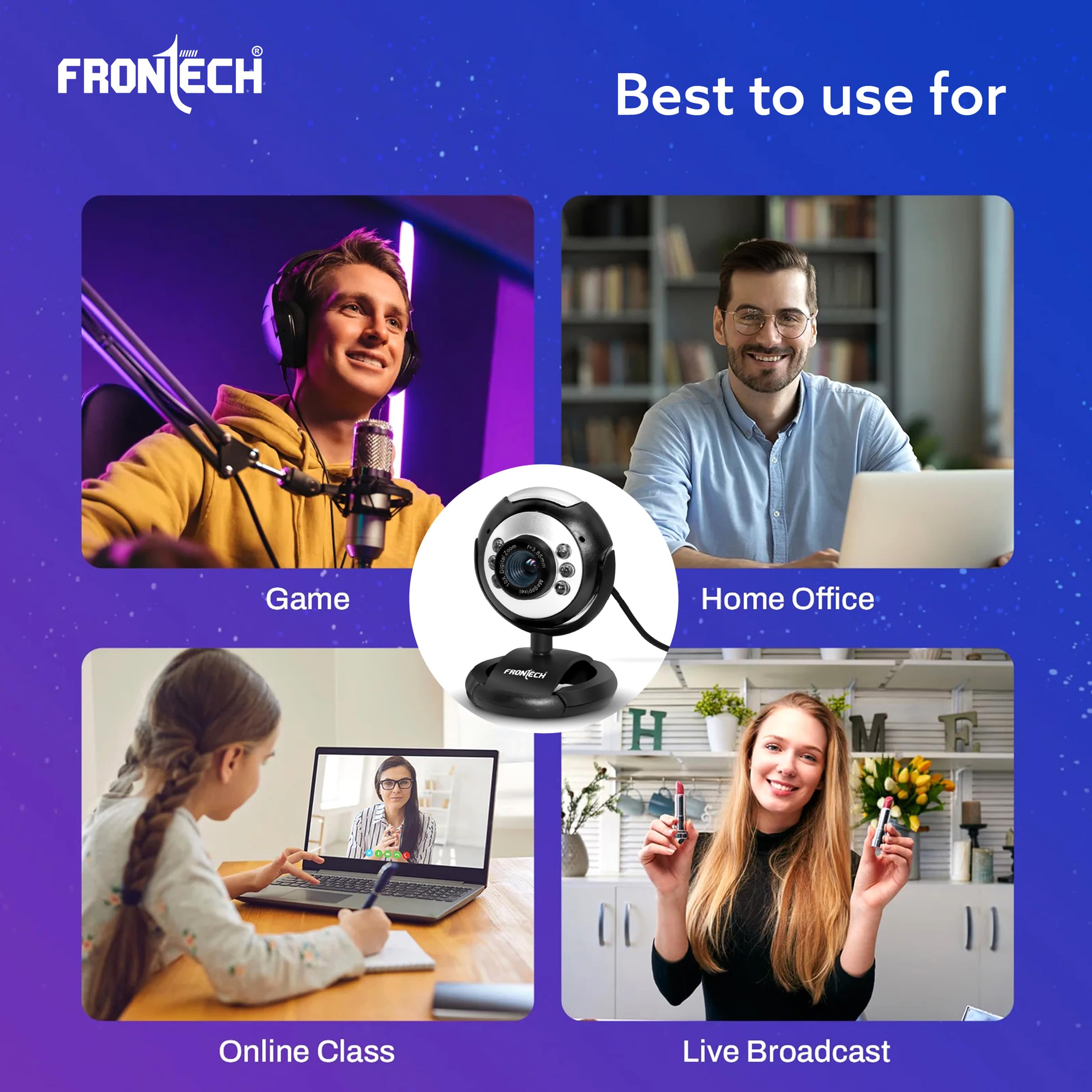 Digital Webcam with Built-in Mic & LED Lights, 30 FPS, Plug and Play USB Interface, Auto White Balance, for Video Calling, Live Streaming, Online Classes, Laptop/PC/TV (2251, Black)