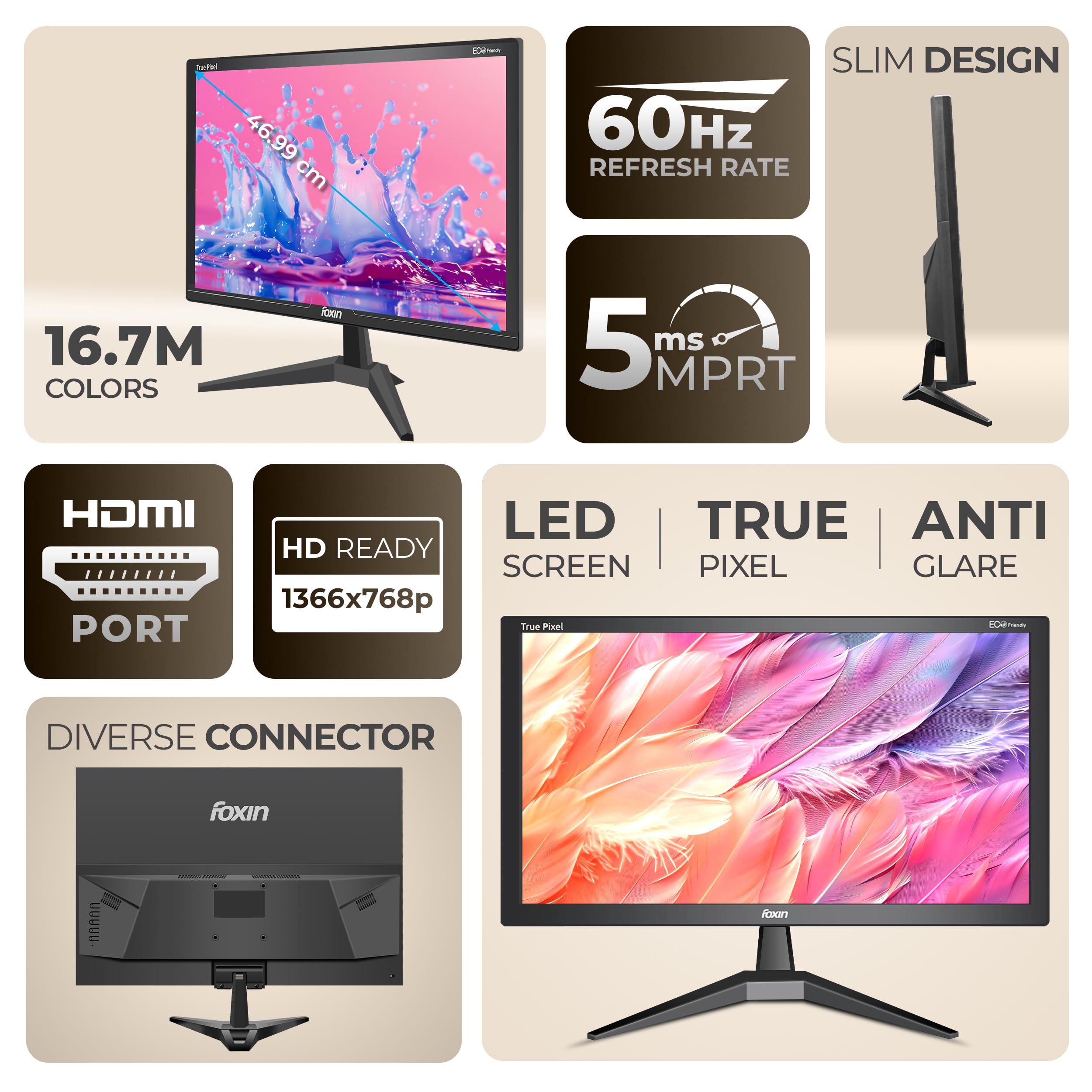 Crystal 19 Inch (46.99 cm) Crystal Flat LED Monitor | True Pixel HD Display, 1366x768p, 16.7M Colors, 5ms, 60Hz | HDMI & VGA Ports | Wall Mountable | Desktop/Office/CCTV Use | 1 Year Warranty