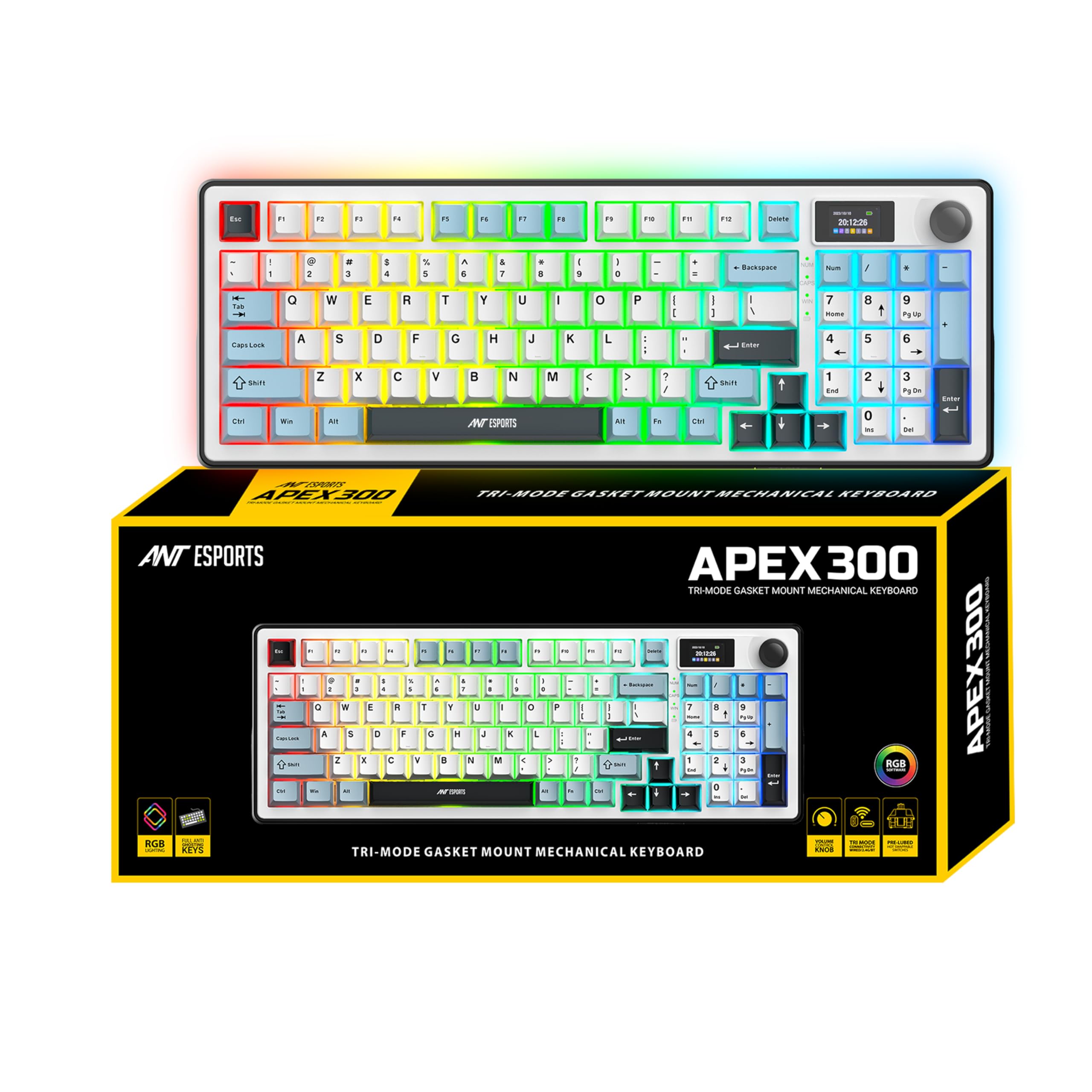 Apex 300 Tri-Mode (2.4GHz-BT-Wired) 5Layer Gasket Mount Mechanical Keyboard, 95Key Anti-Ghosting + Knob, OLED Display, RGB, KTT Hot-Swap Switches,1000Hz Polling, 4000mAh for PC Mac Laptops