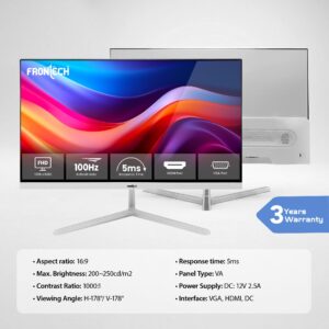 FRONTECH 22 Inch (54.48 cm) with 1920x1080 Pixels LED Monitor|Refresh Rate 100 Hz|Slim| Stylish Design & Wall Mountable| 16.7M Colors|HDMI & VGA Ports (White, MON-0091)
