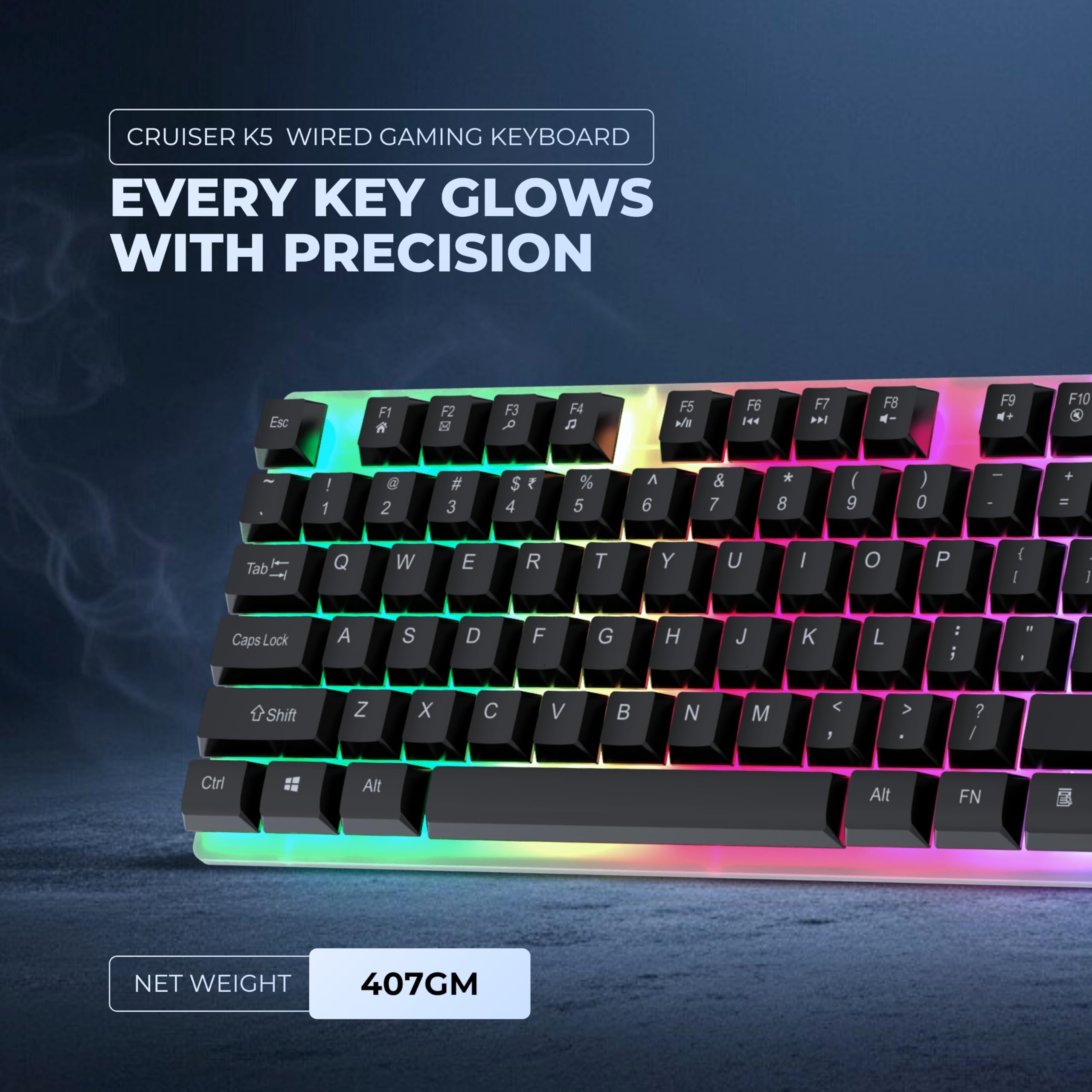 Cruiser K5, Wired Gaming Keyboard, 104 Keys, 1.5m Cable, 12 Multimedia Keys, USB Interface, RGB Colour, Plug and Play