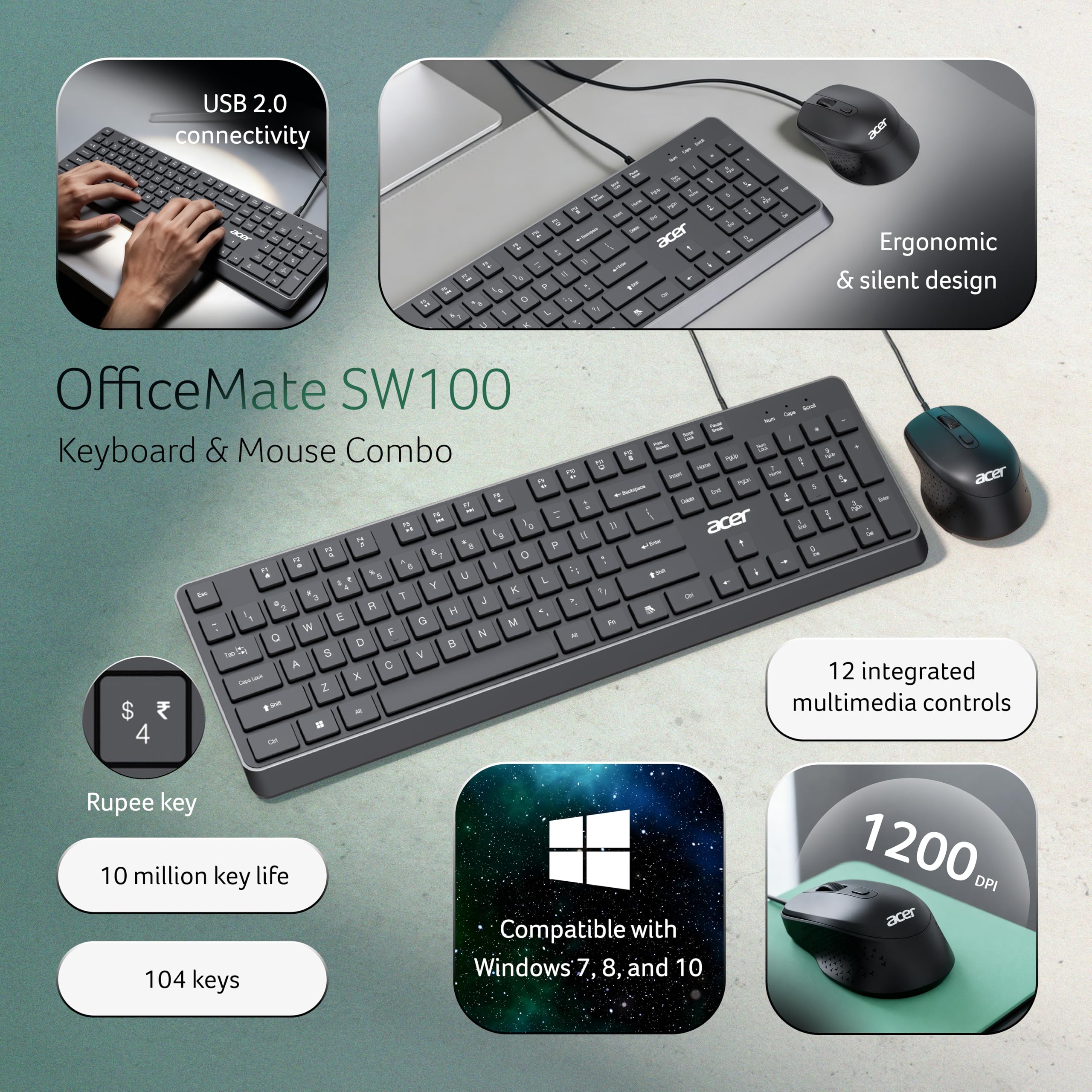 OfficeMate Wired Keyboard Mouse Combo | Full Size 104 Keys Keyboard with Multimedia Keys | 1200 DPI Optical Mouse | USB Plug & Play | Silent Typing | Ergonomic Design | Windows Compatible I Black
